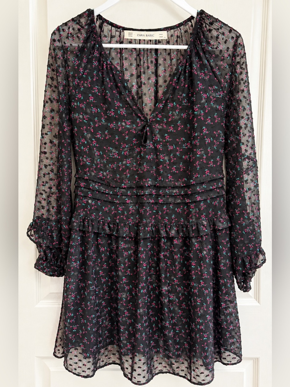 ZARA Basic Black Floral Chiffon Ruffle Mini Dress Sheer Sleeve Size M